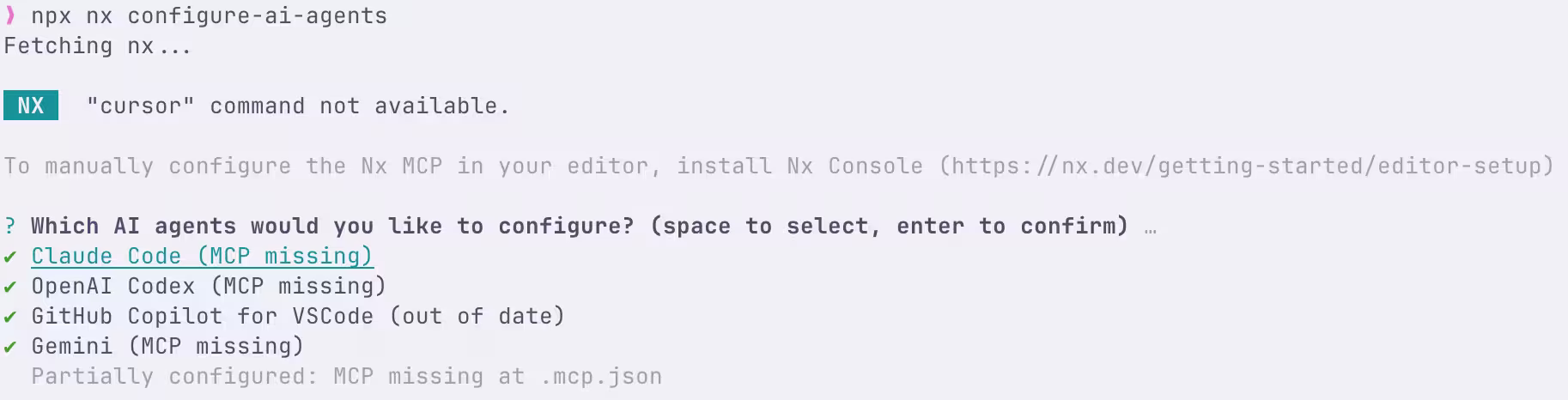Screenshot showing the output of the `configure-ai-agents` command